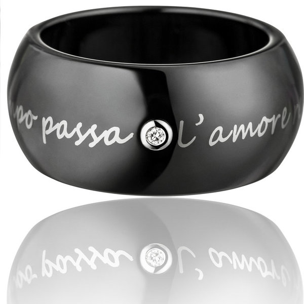 Gilardy Keramik-Ring schwarz mit Diamant und Liebeszitat in Weißgold "Il tempo passa, l'amore resta"