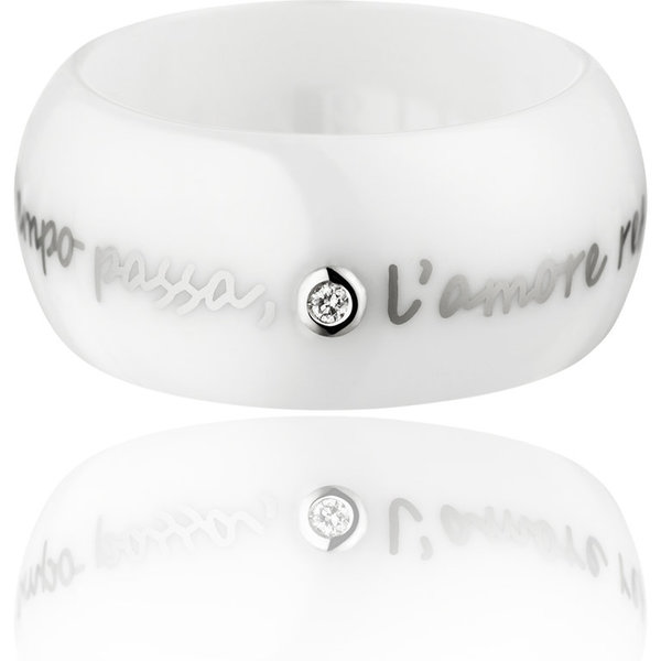Gilardy Keramik-Ring weiß mit Diamant und Liebeszitat in Weißgold "Il tempo passa, l'amore resta"